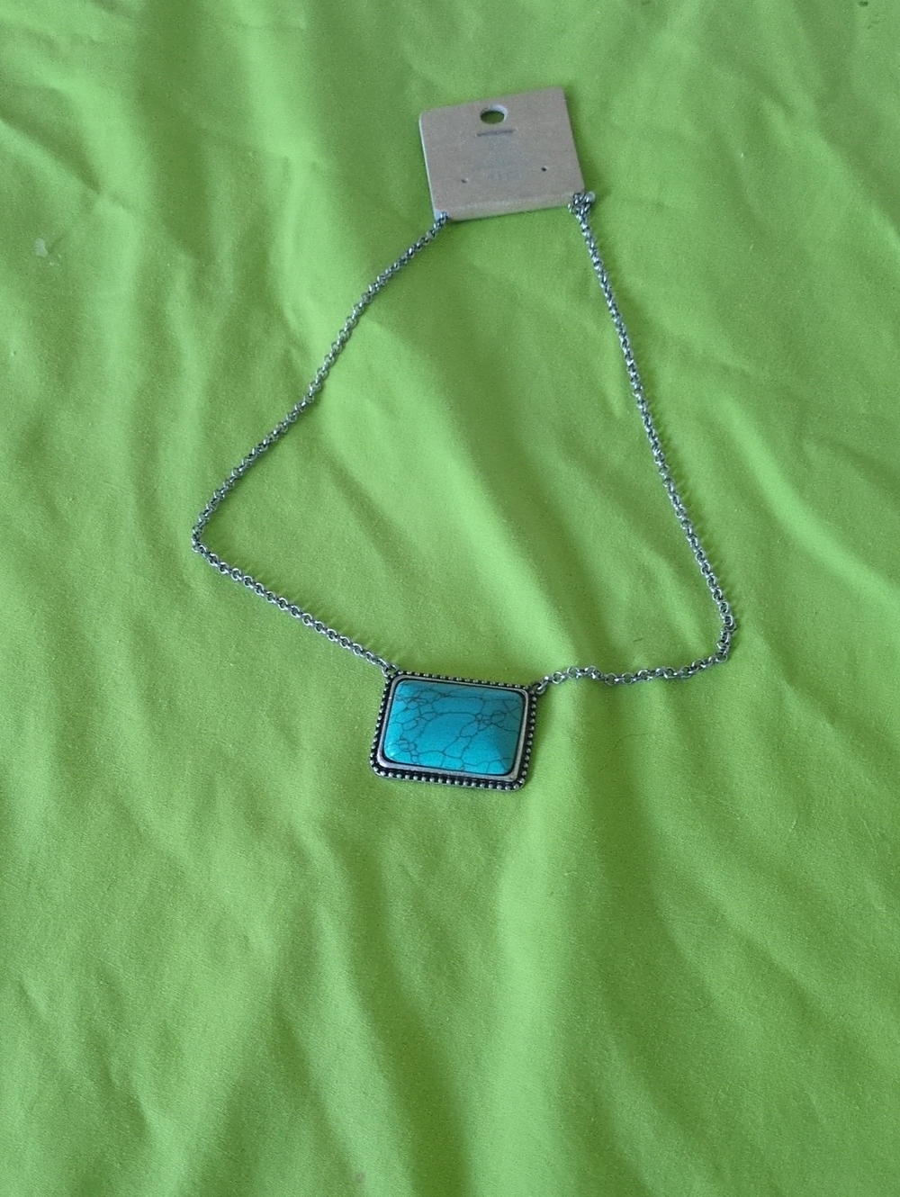 Silver Chain Necklace with Turquoise Square Pendant